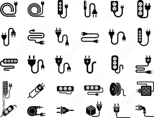 Electrical plug and outlet icons: power, energy, connection and electricity icons, extension cord