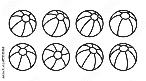 Eight Beach Balls Lined Up Isolated On White Background Summer Fun Objects Simple Line Art