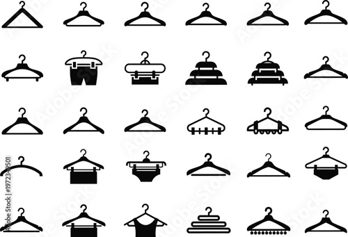 Hanger icons set: clothing hanger, wardrobe, storage and laundry icons, graphic resources