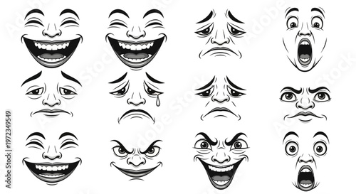 Various cartoon faces expressing different emotions in a single composition