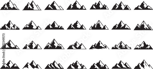 Mountain range icons, black silhouette peaks, vector graphics, landscape symbols, summit illustrations isolated PNG with Transparent Background