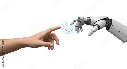 A human hand and a robotic hand touching with a blue swirl in between on a black background