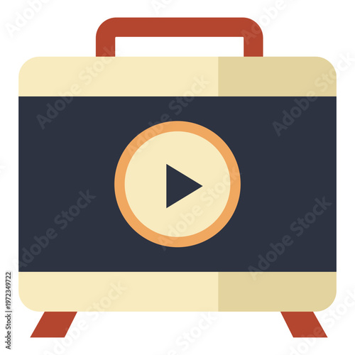 Briefcase with play button, retro media business icon, vintage work tool, classic portfolio, colorful illustration, nostalgic design element, professional.