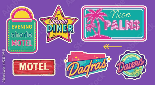 Vibrant neon signs adorn a retro diner and motel at dusk.