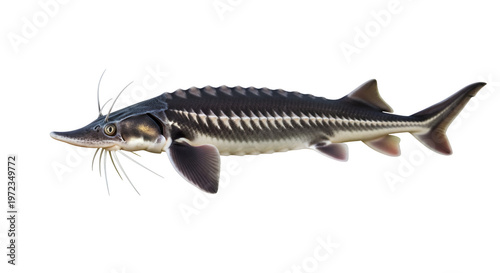Bild auf Leinwand A sturgeon fish swims in the dark water with its distinctive scutes and whisker-like barbels visible