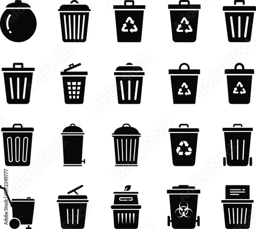 Assorted trash cans and waste bins icons with trash can with eco friendly with wheelie bin
