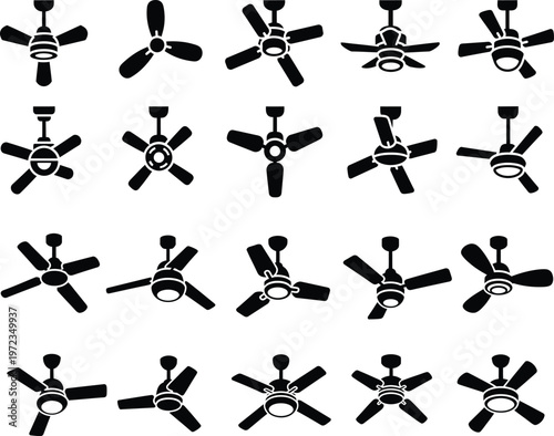 Variety of ceiling fan icons in different styles with air circulation with energy saving