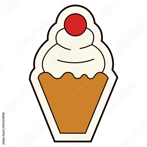 Cupcake with cherry and cream topping, retro dessert, vintage bakery, sweet treat, classic dessert, colorful.