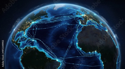 A conceptual image of global communication networks, a photorealistic rendering of Earth from low orbit with visible submarine fiber optic cable routes shown as luminous lines