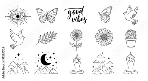 A mystical good vibes illustration set featuring various spiritual symbols and nature elements.
