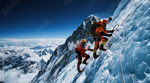 A high-altitude mountaineering scene just below a major summit, two climbers in expedition suits front-pointing up a steep blue ice face with technical axes, fixed rope visible
