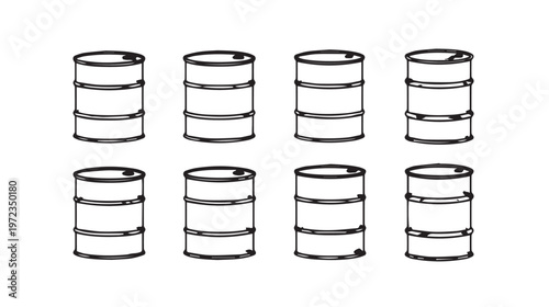 Eight Metal Barrels Lined Up in Rows Industrial Storage Concept Line Art