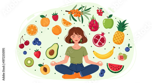 A woman meditates surrounded by various fruits like pineapple and orange