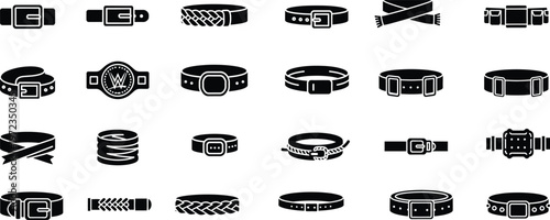 Belt icons set: fashion accessory, waistband, buckle and style icons, graphic resources, web design