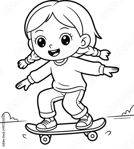 Happy young girl riding skateboard outdoor coloring book page for kids cad drawing flat vector illustration, isolated on white background, active childhood hobby line art sketch