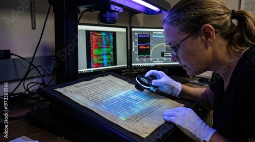 A forensic document examiner studies a historical manuscript under multispectral imaging equipment, ultraviolet light revealing hidden watermarks and erased text as glowing blue