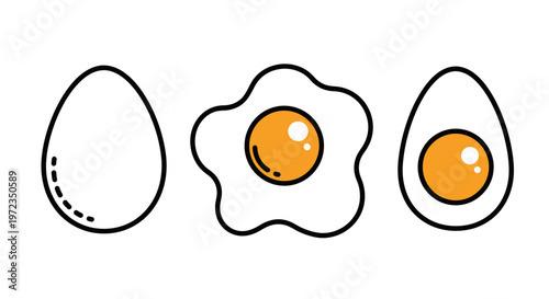 Illustration of three eggs with one fried and runny yolk on a plate