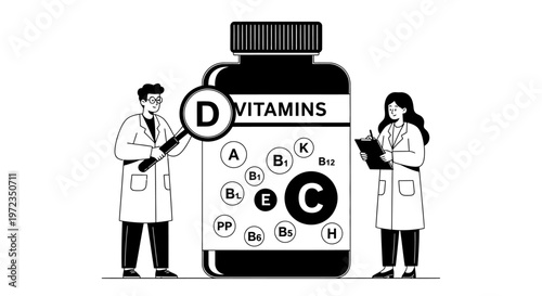 Two medical professionals standing beside a large vitamins bottle illustration