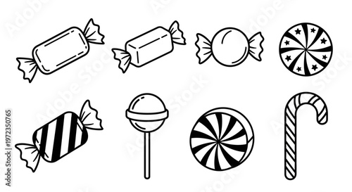 Colorful illustration of assorted candies on a white background includes sweets and treats like lollipops and striped candies