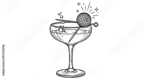 A stylish cocktail glass contains a refreshing drink with a micro cocktail pick on the rim on a party table indoors.