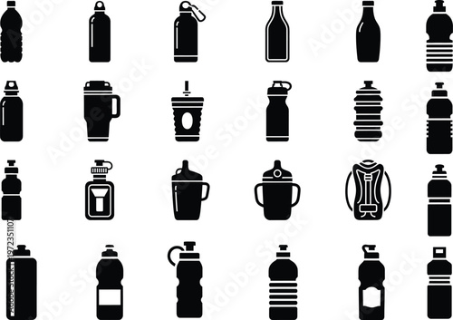 Diverse collection of bottles and drink containers vector icons for beverages and liquids