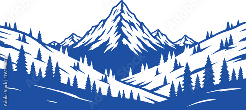 Mountain, landscape, scenic, vector, blue, illustration, nature, scenery, mountains, hills, trees, forest, peaks isolated PNG with Transparent Background