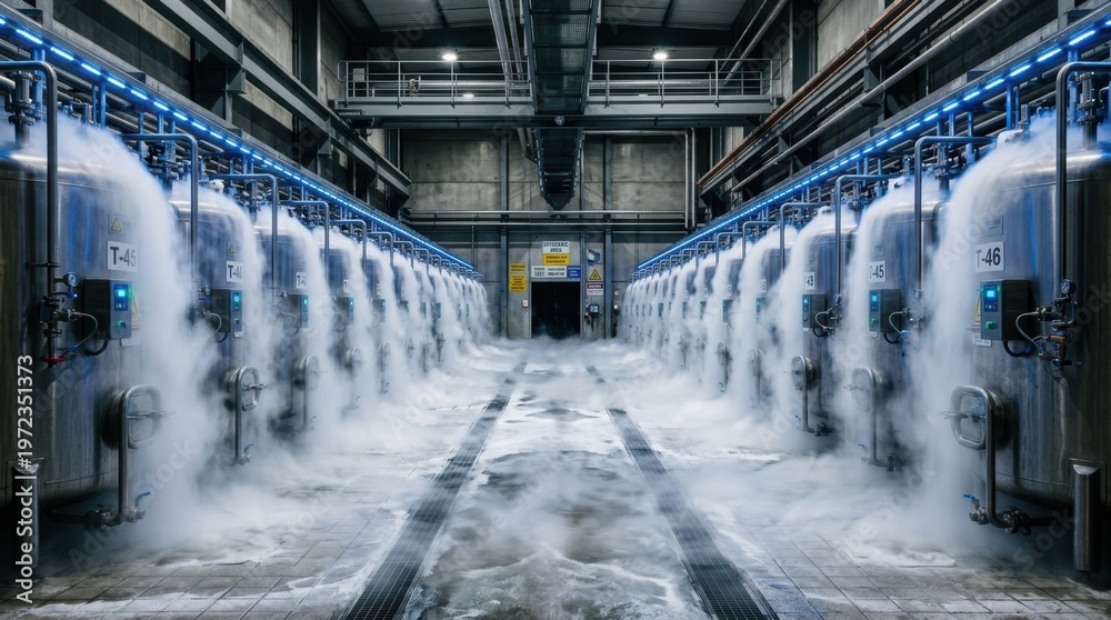 Obraz premium A cryogenic storage facility interior, rows of stainless steel liquid nitrogen tanks extending to a vanishing point, vapor cascading continuously from open fill ports and pooling