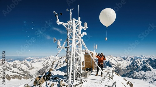 A high-alpine meteorological station perches at four thousand meters, instruments mounted on a lattice tower rattling in visible wind, rime ice built up on every windward surface