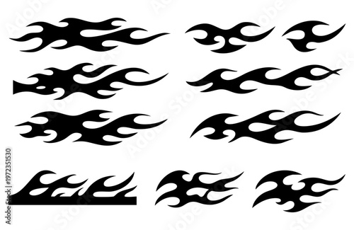 Abstract Black Flame Decals and Tribal Fire Silhouettes, Vector Set for Race Car Vinyl Wraps, Motorcycle Airbrush Stencils, and Minimalist Burning Element Tattoos, Isolated on White.
