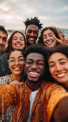 Diverse group selfie of smiling young friends expressing joy, connection, friendship, inclusion, youth culture, social togetherness, energy, celebration, and warmth.