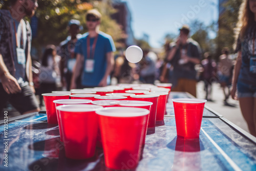 Red cups arranged outdoors for party game setup, conveying social fun, competition, summer gathering, youth culture, leisure, energy, and spontaneity.