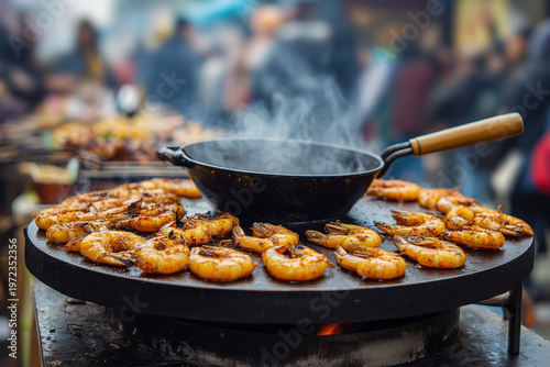 Pan of sizzling shrimp with steam, capturing street food atmosphere, freshness, appetite, cooking action, flavor, and social dining energy scene.