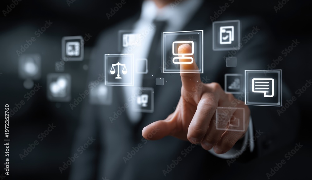 Fototapeta premium Businessman Interacting with Futuristic Digital Interface Icons.