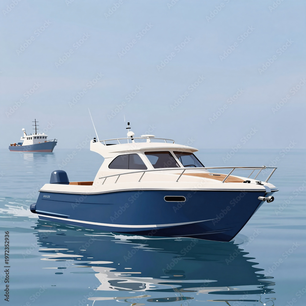 Fototapeta premium Fantasy Art Boat Vector. Isolated Illustration: Detailed Digital Art Of A Blue Motor Boat Fishing On The Sea With A Ship In The Background, Suitable For Webpage Use