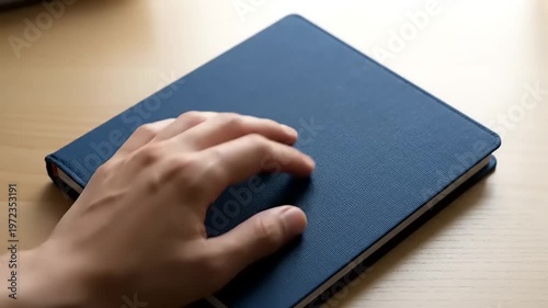Hand on a blue tablet device.