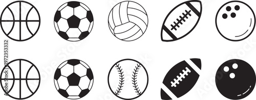 Collection of various sports balls in black and white sketch style