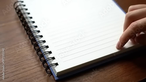 Hand on a spiral notebook page.