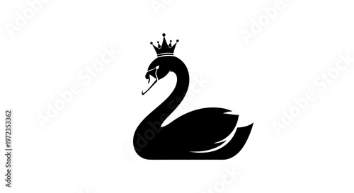 Elegant Black Swan Wearing Crown Silhouette Icon, Royal Bird Symbol