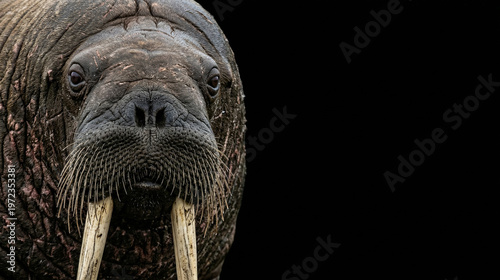 Walrus head close-up with ivory tusks and wrinkled skin on a solid black background with large copyspace on the right