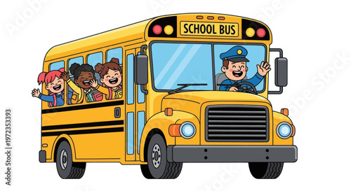 Happy Children Riding School Bus with Driver Waving