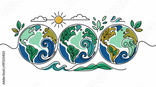 The Earth rotates under a sunny sky with leaves and waves on a stylized illustration.