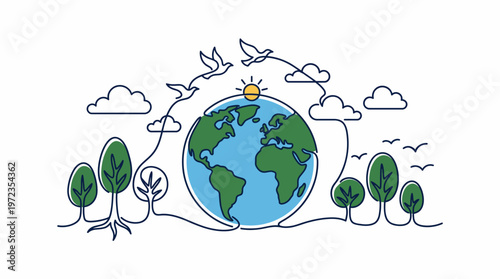 The earth surrounded by trees and birds flying in the sky with clouds and sun.