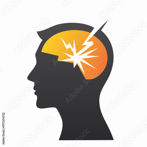 Abstract graphic of a human head silhouette with a fractured brain and lightning burst. mental health concept