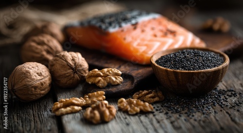 Healthy Omega-3 Rich Salmon Fillet with Walnuts and Black Seeds.