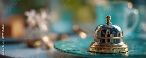 Close-up of a vintage silver and gold service bell on a textured turquoise surface, with a soft bokeh background.
