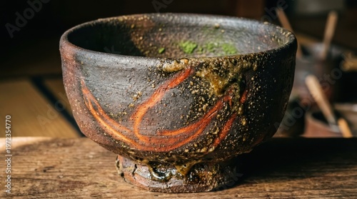 A macro photograph of a traditional Japanese Bizen ware tea bowl showing its characteristic fire effects, the unglazed stoneware surface covered in natural ash glaze deposits from