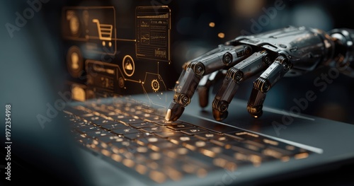 Robotic Hand Interacting with Futuristic Digital Interface for Online Shopping.