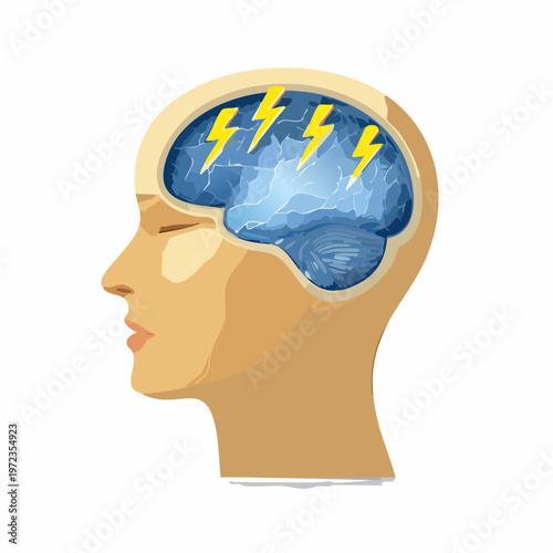 Profile of a woman's head with a blue brain and lightning bolts. mental health concept with human head shown