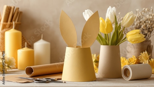 Easter Crafting - DIY Bunny Cup Decoration with Tulips and Candles.