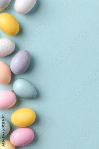 Assortment of Pastel Easter Eggs Arranged on a Light Blue Background.